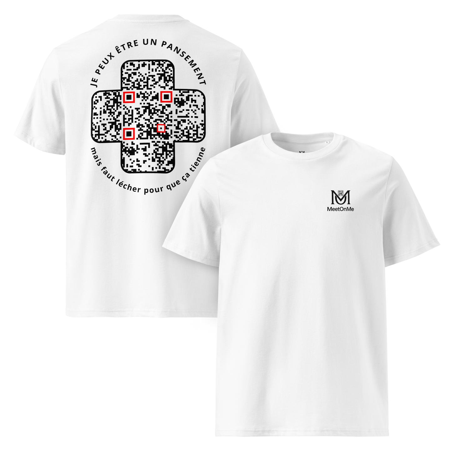 T-shirt QR Code provocateur Le Pansement – modèle blanc avant et arrière