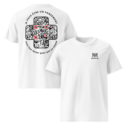 T-shirt QR Code provocateur Le Pansement – modèle blanc avant et arrière