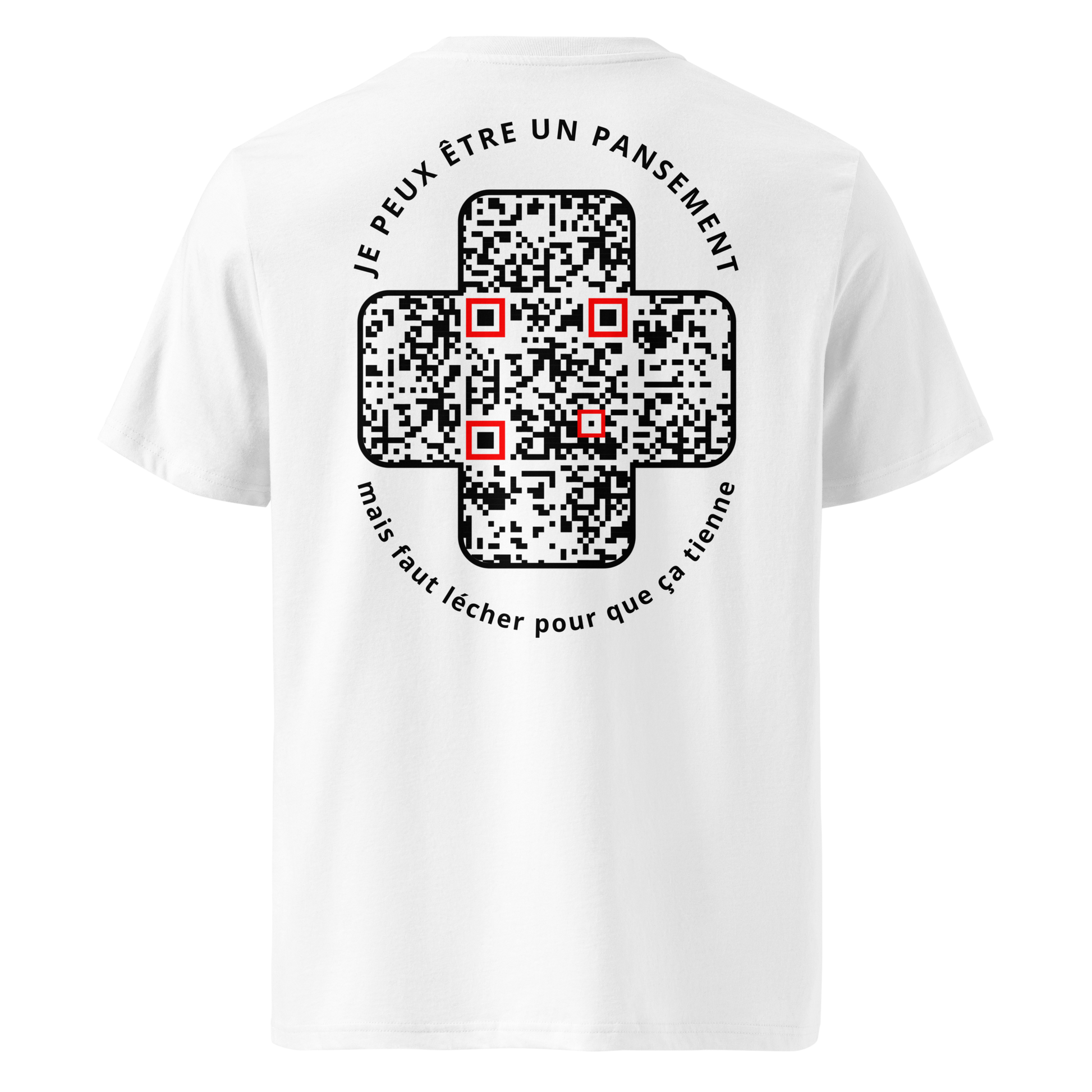 T-shirt QR Code provocateur Le Pansement – modèle blanc dos