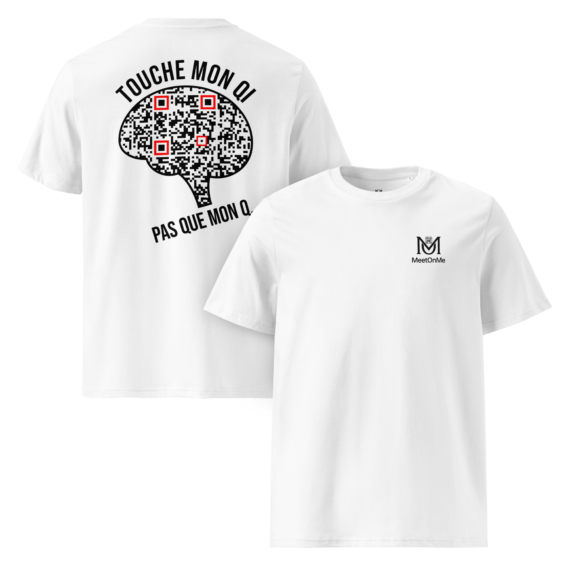 T-shirt QR Code humoristique Le QI Touché – modèle blanc avant et arrière
