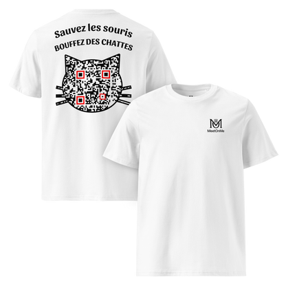 T-shirt QR Code provocateur Les Sauveurs – modèle blanc avant et arrière