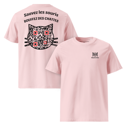 T-shirt QR Code humoristique Les Sauveurs – modèle rose avant et arrière