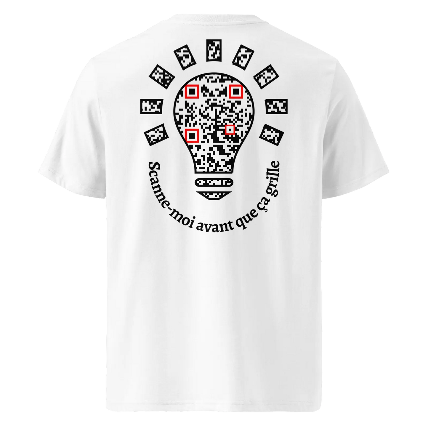 T-shirt QR Code personnalisé L’Ampoule – dos avec texte Scanne-moi avant que ça grille