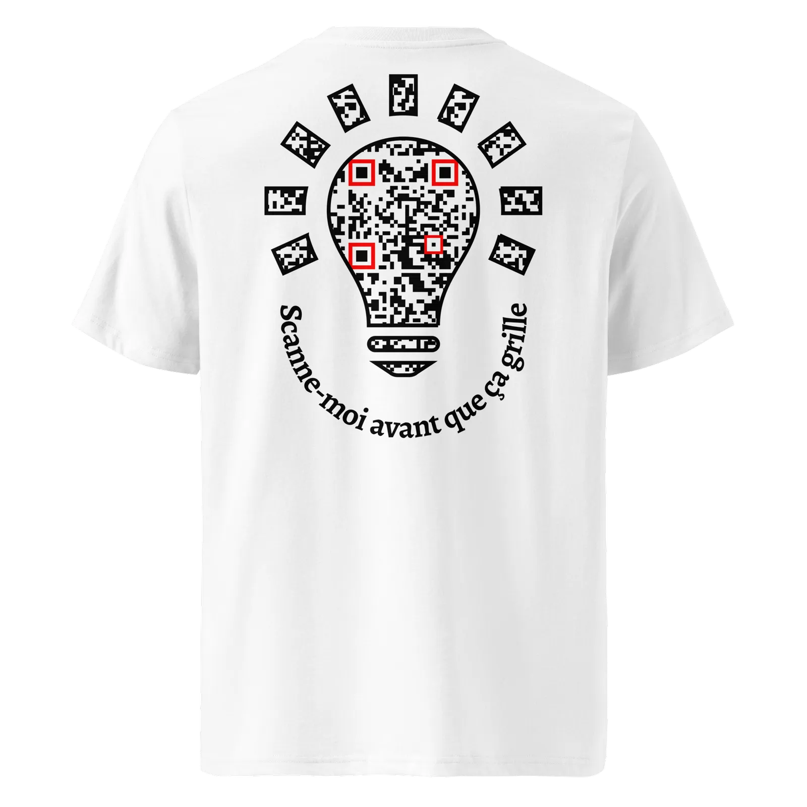 T-shirt QR Code personnalisé L’Ampoule – dos avec texte Scanne-moi avant que ça grille