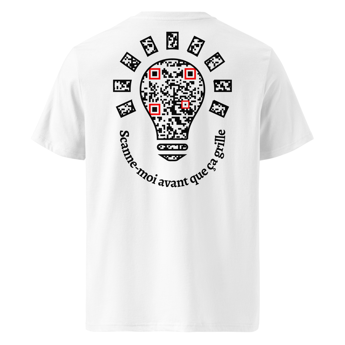 T-shirt QR Code personnalisé L’Ampoule – dos avec texte Scanne-moi avant que ça grille