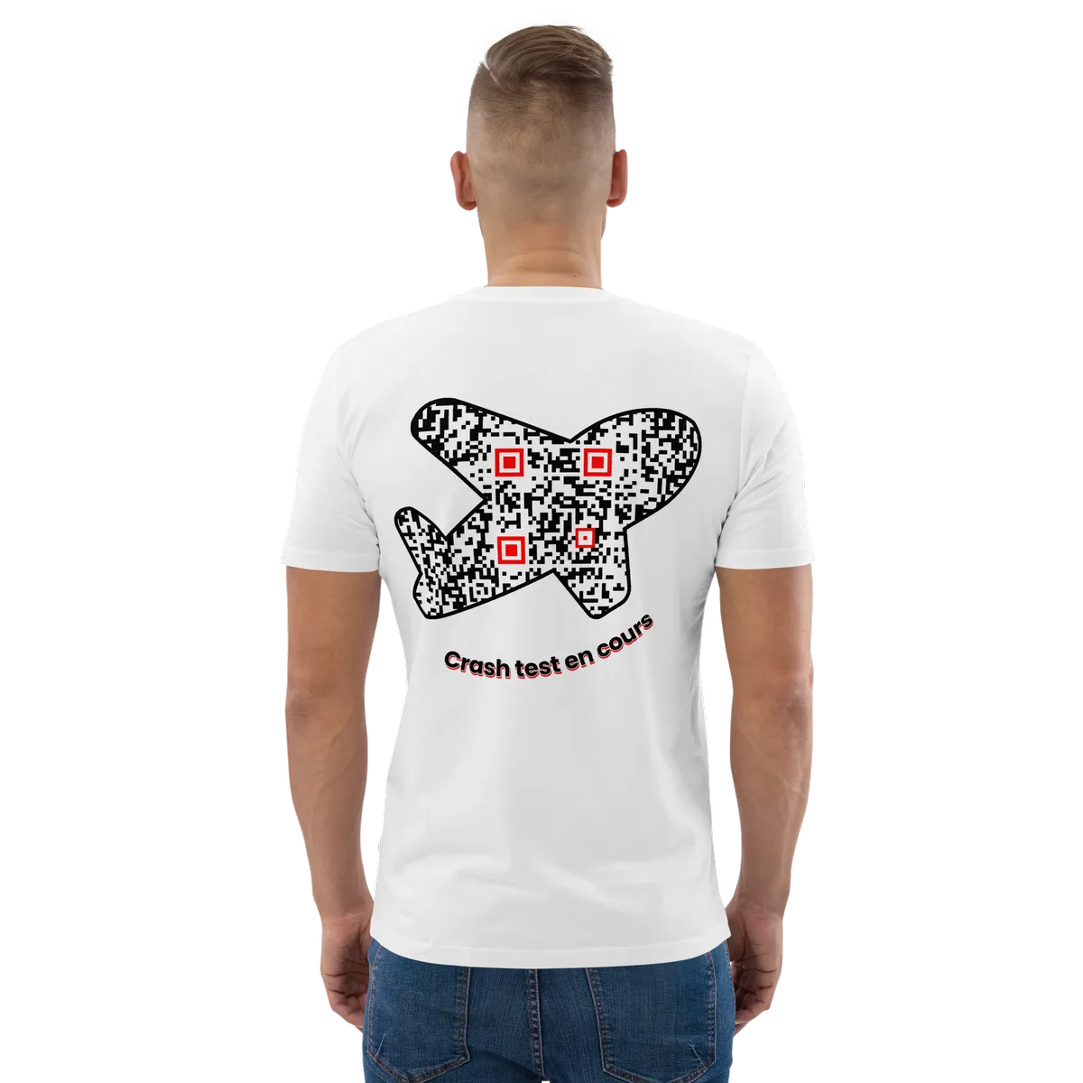 T-shirt QR Code personnalisé L’Avion – porté avec texte Crash test en cours