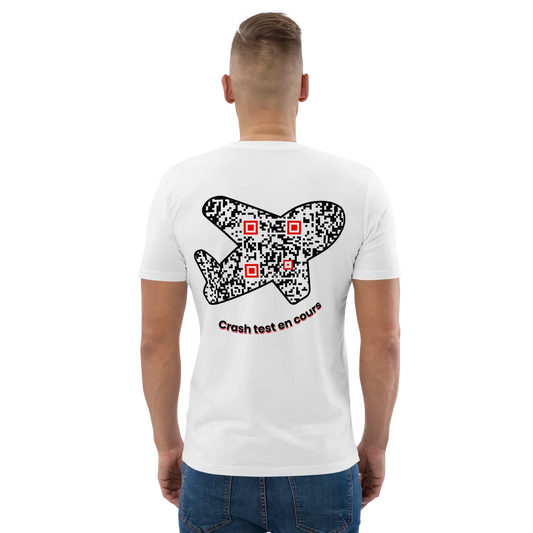 T-shirt QR Code personnalisé L’Avion – porté avec texte Crash test en cours