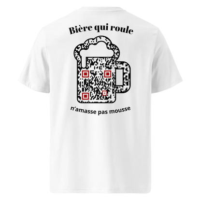 T-shirt QR Code personnalisé La Bière – dos avec texte Bière qui roule n’amasse pas mousse