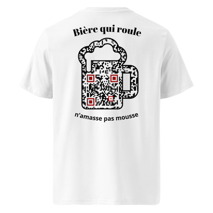 T-shirt QR Code personnalisé La Bière – dos avec texte Bière qui roule n’amasse pas mousse
