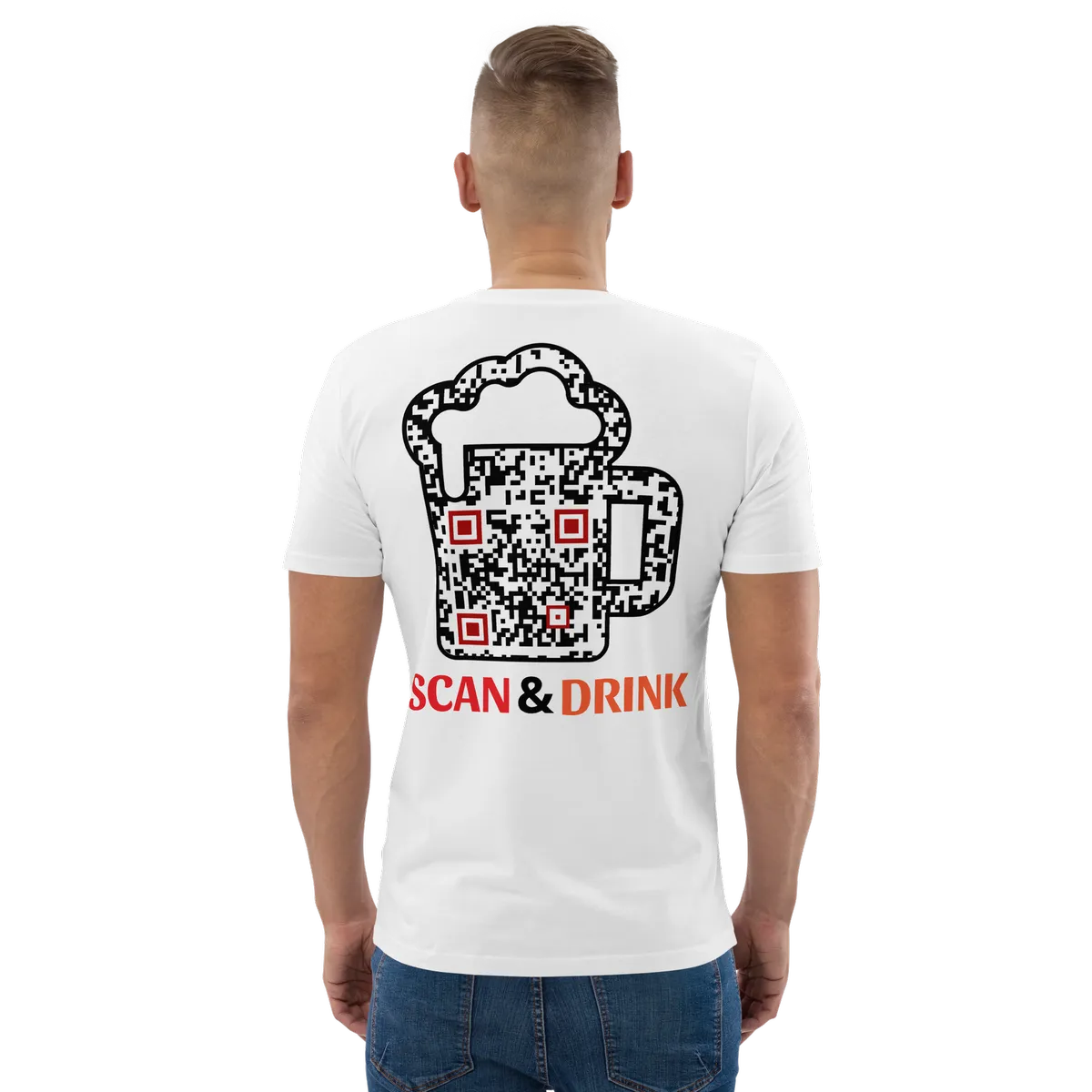 T-shirt QR Code personnalisé La Bière – porté avec texte Scan & Drink
