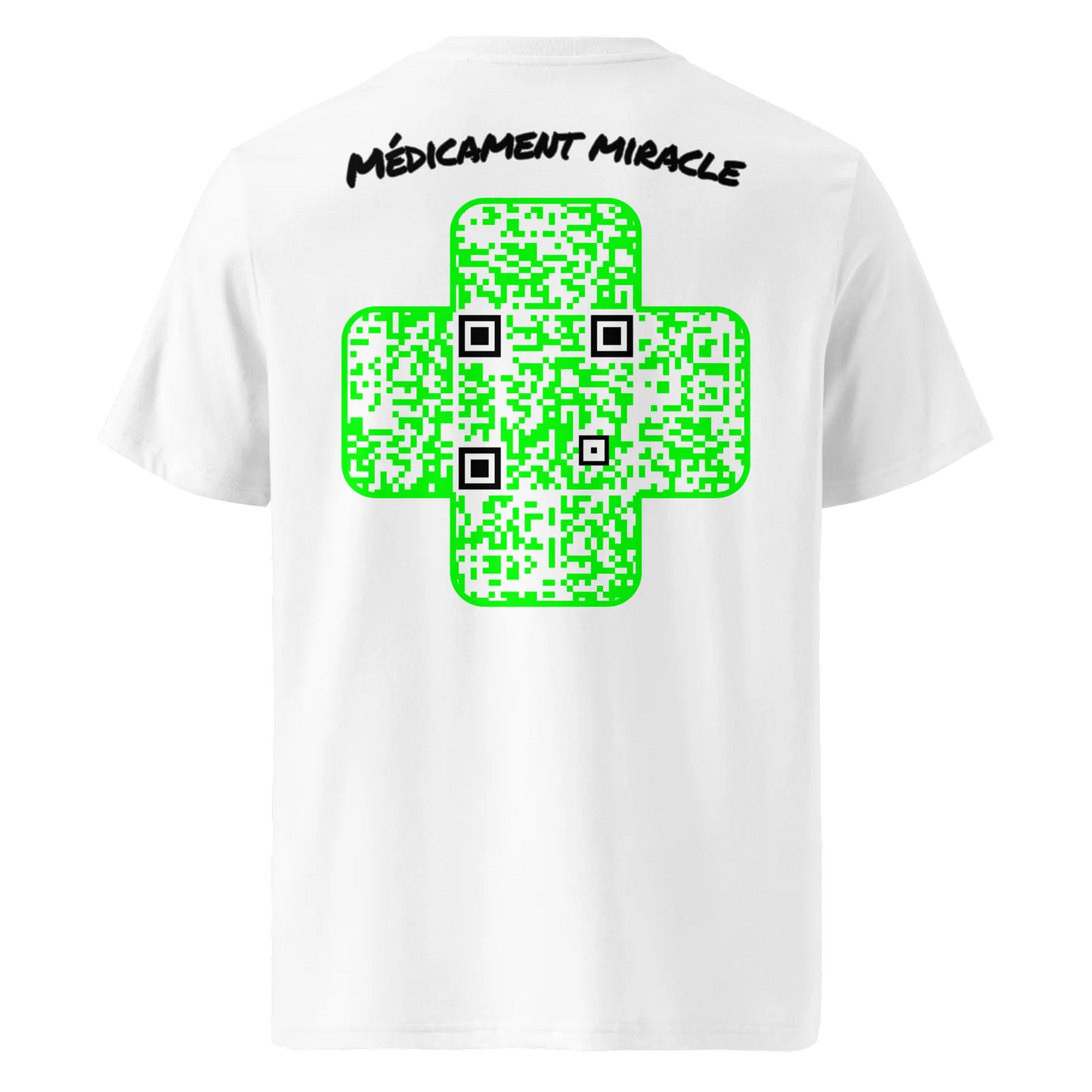T-shirt QR Code personnalisé La Croix Verte – dos avec texte Médicament miracle