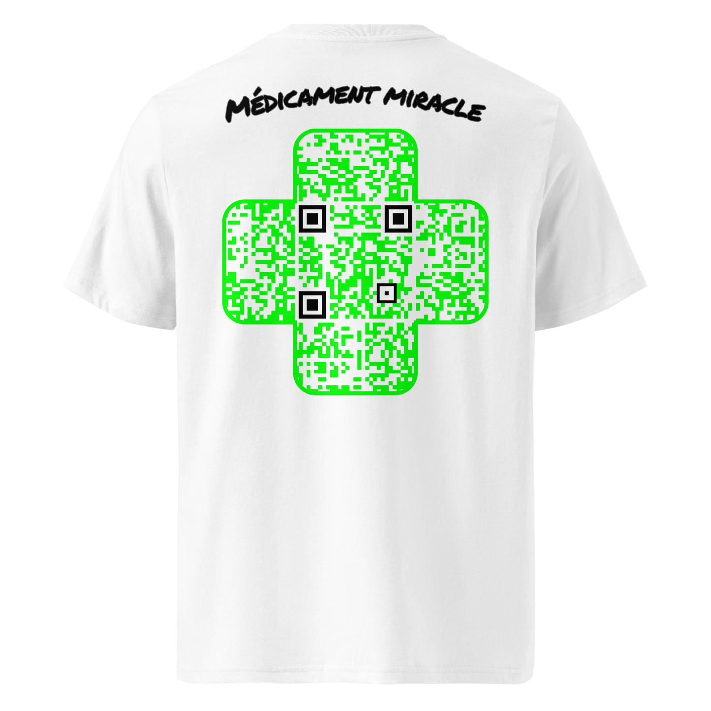 T-shirt QR Code personnalisé La Croix Verte – dos avec texte Médicament miracle