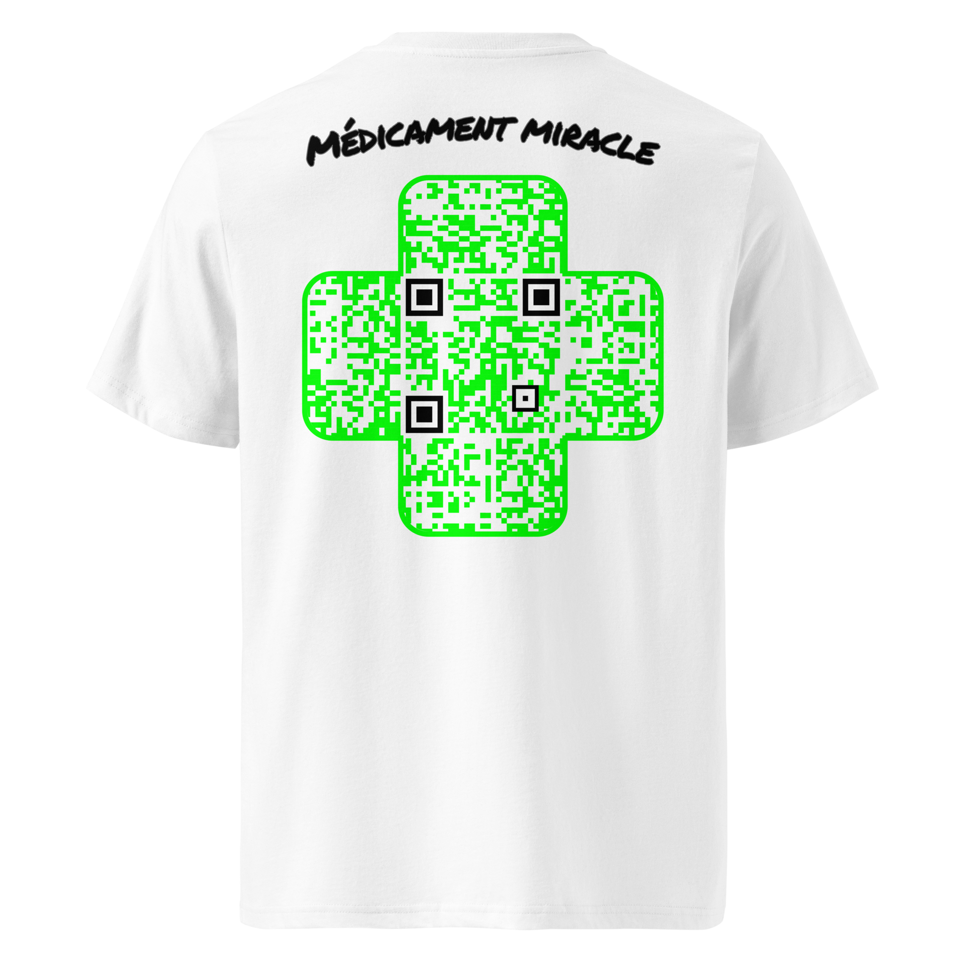 T-shirt QR Code personnalisé La Croix Verte – dos avec texte Médicament miracle