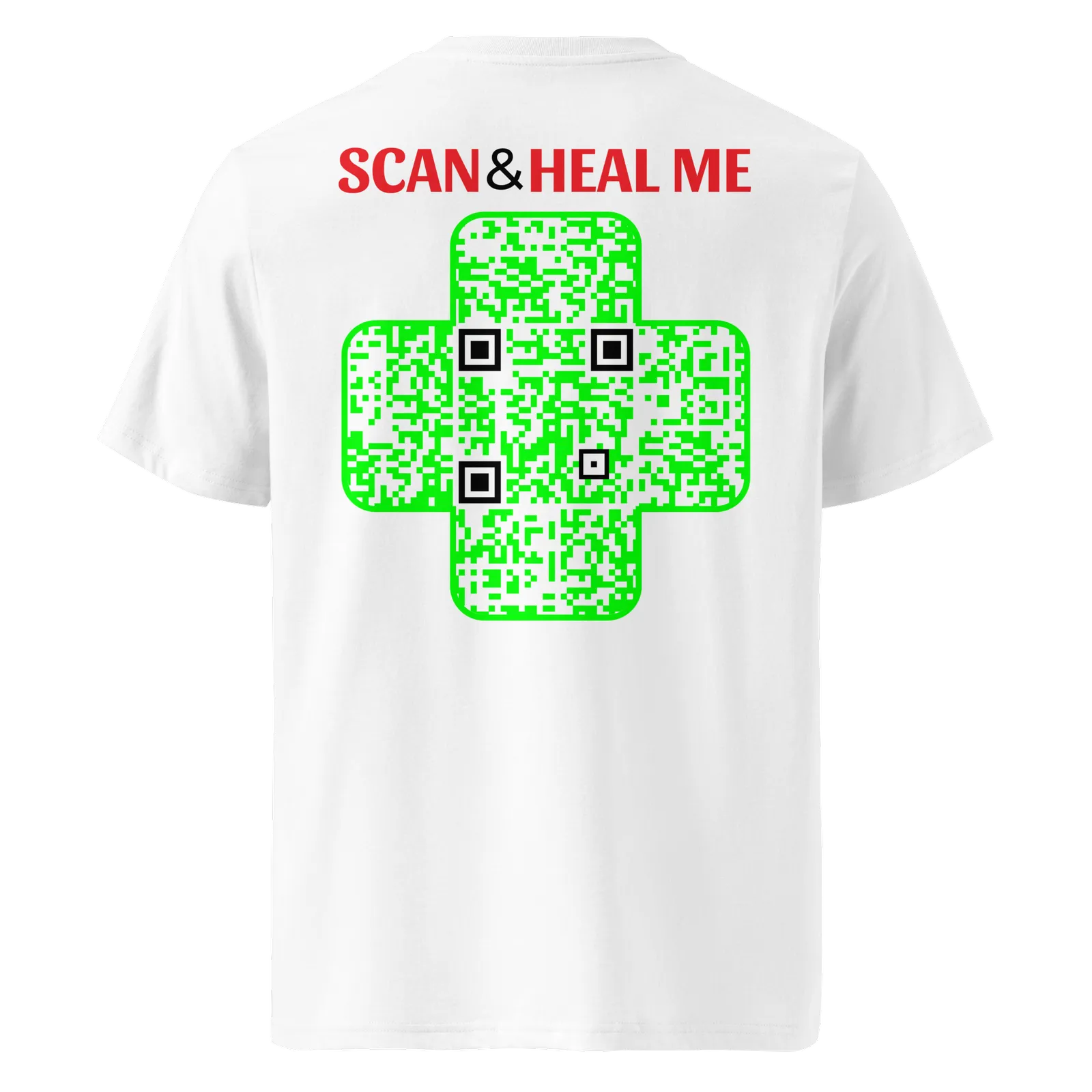 T-shirt QR Code personnalisé La Croix Verte – dos avec texte Scan and heal me