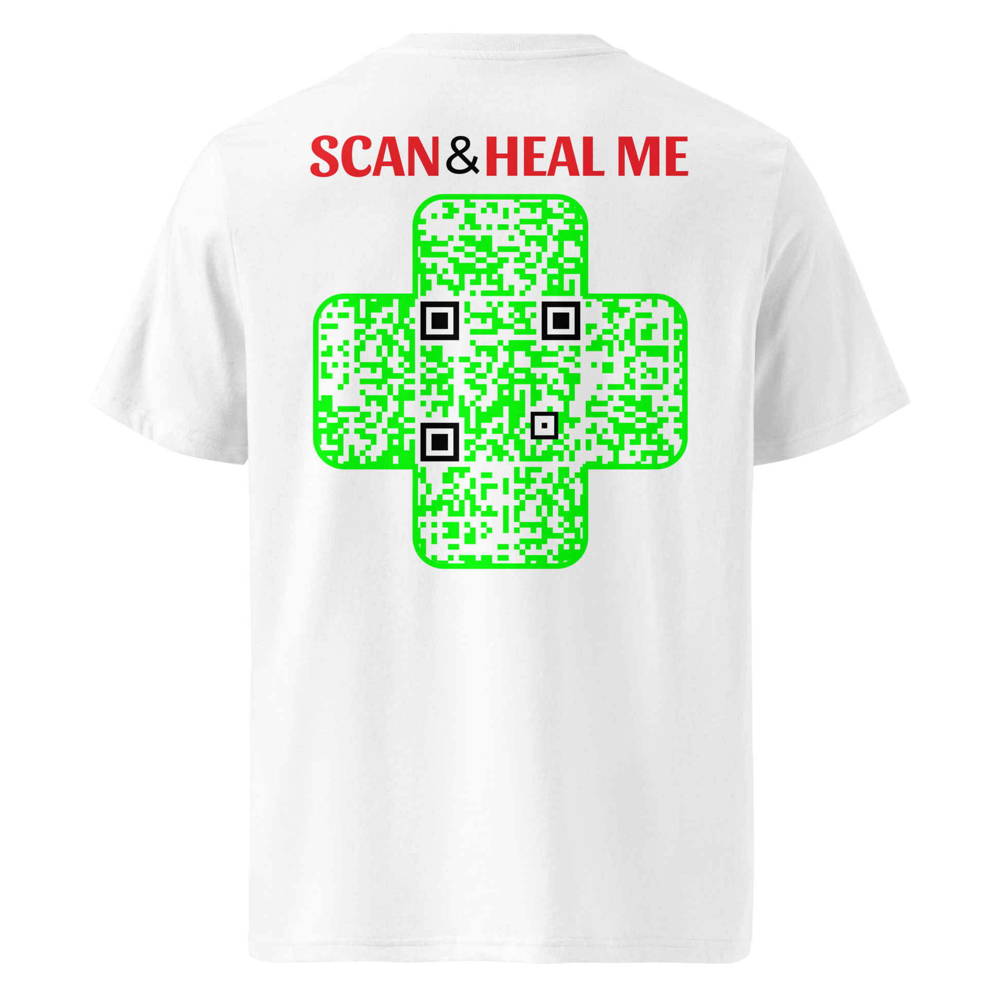 T-shirt QR Code personnalisé La Croix Verte – dos avec texte Scan and heal me