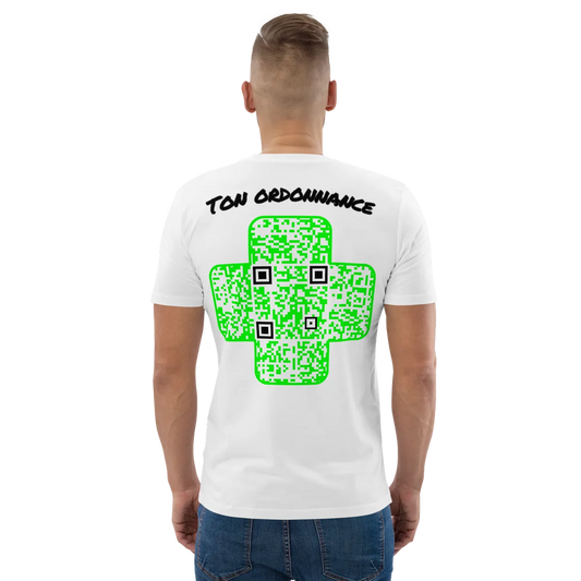 T-shirt QR Code personnalisé La Croix Verte – porté avec texte Ton ordonnance