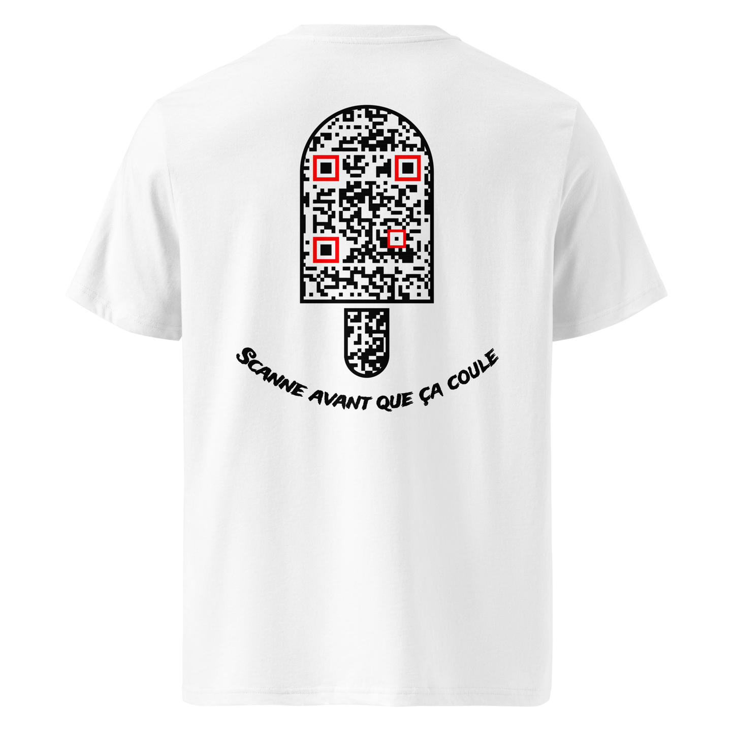 T-shirt QR Code personnalisé Le Bâtonnet – dos avec texte Scanne avant que ça coule