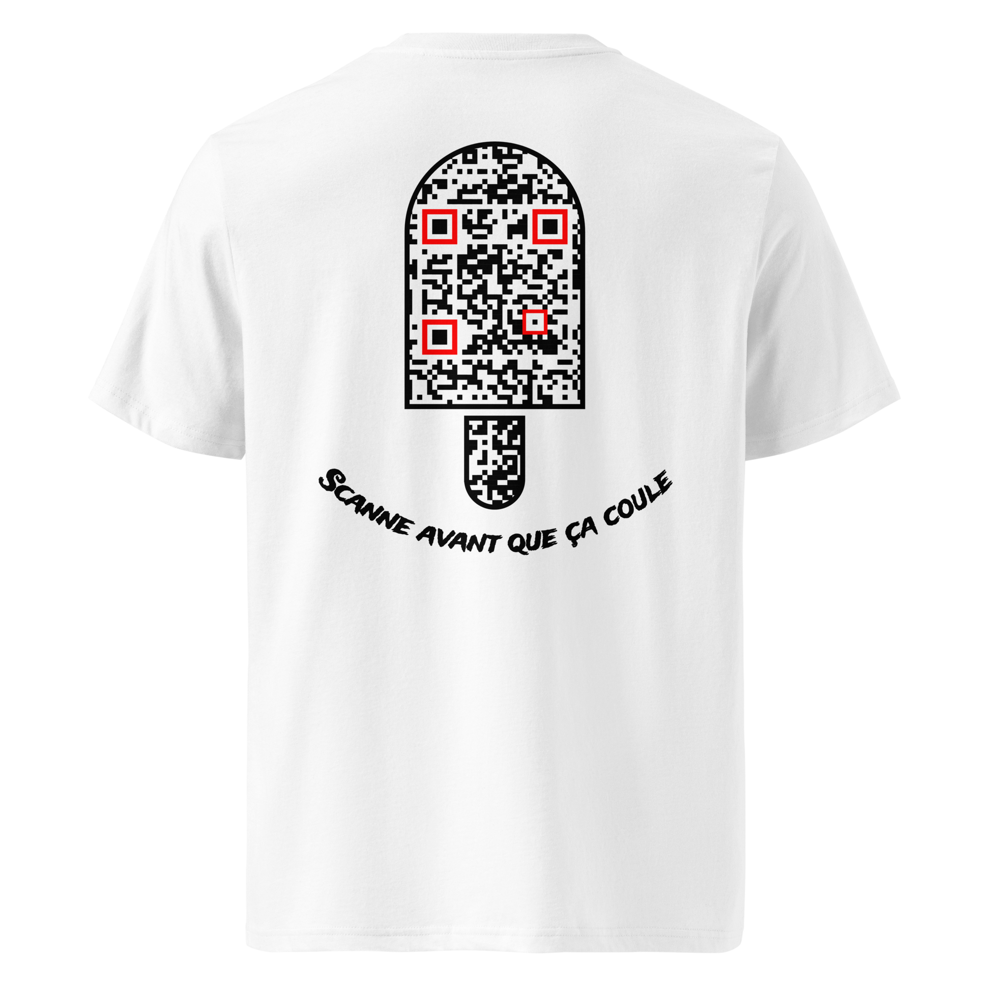 T-shirt QR Code personnalisé Le Bâtonnet – dos avec texte Scanne avant que ça coule