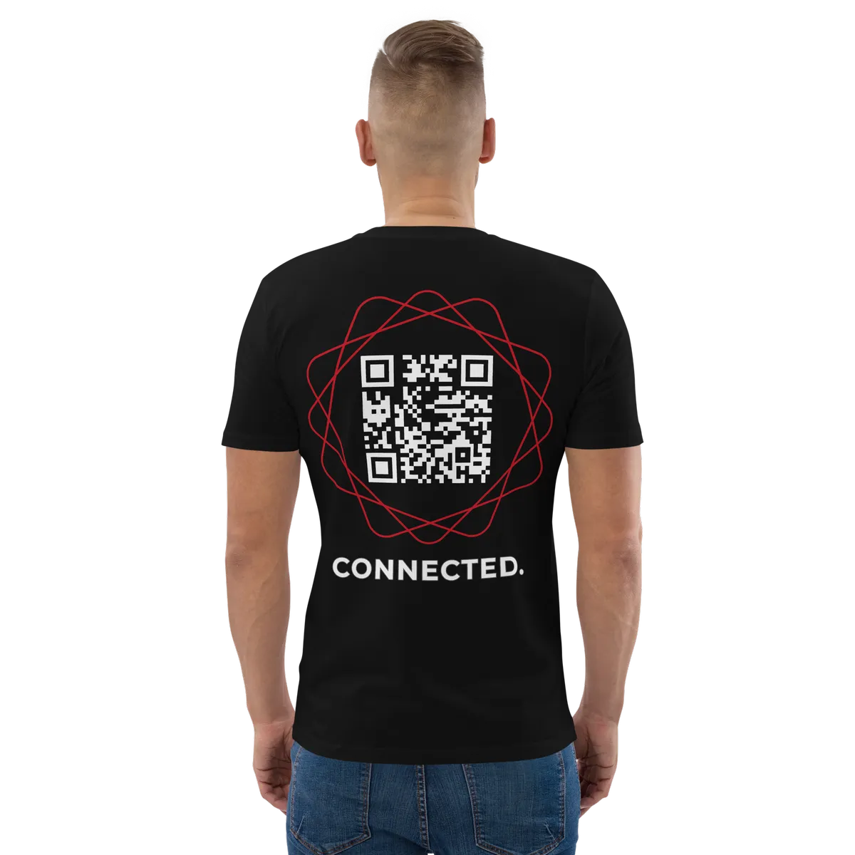 T-shirt QR Code personnalisé Le Connected – porté par un homme de dos2