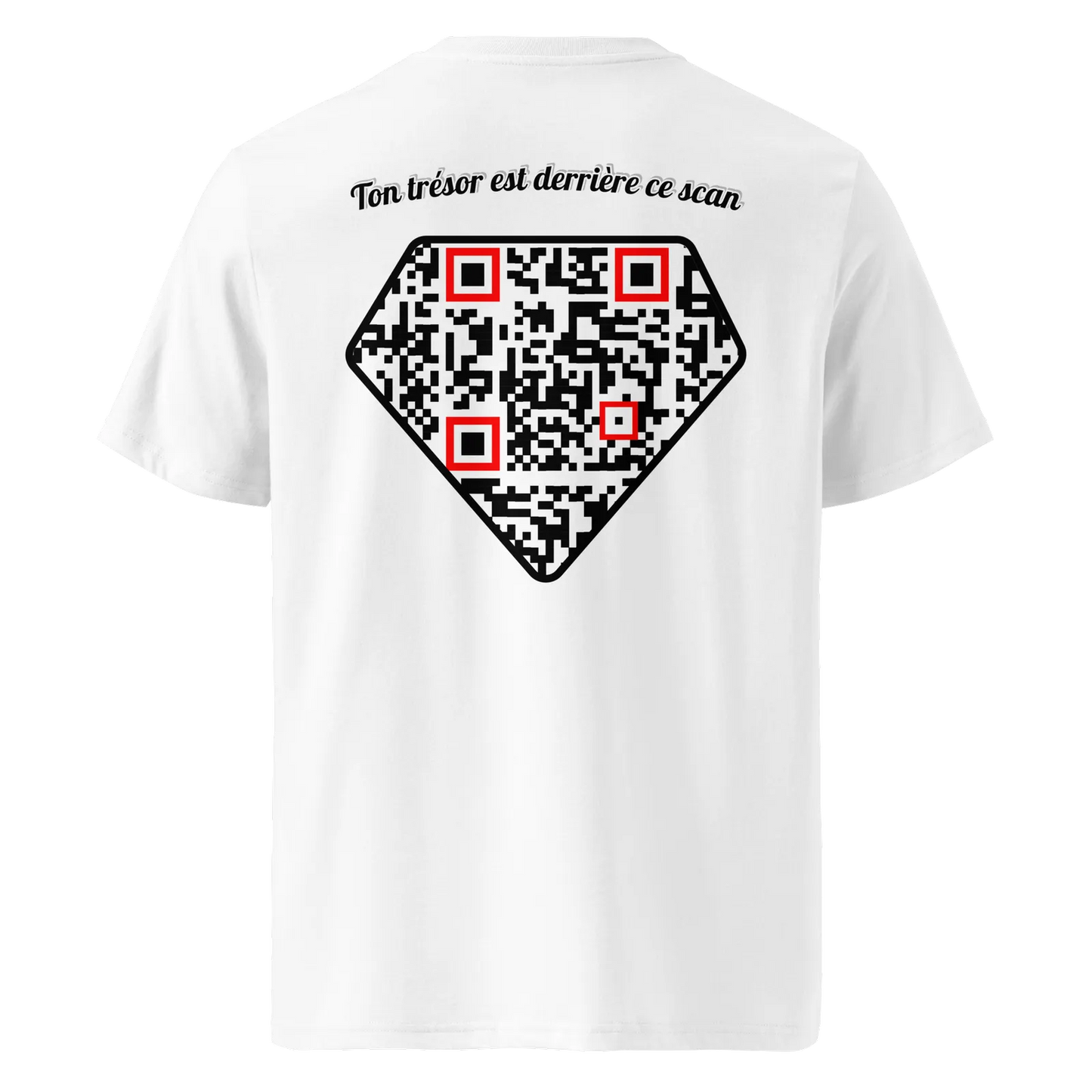 T-shirt QR Code personnalisé Le Diamant – dos avec texte Ton trésor est derrière ce scan