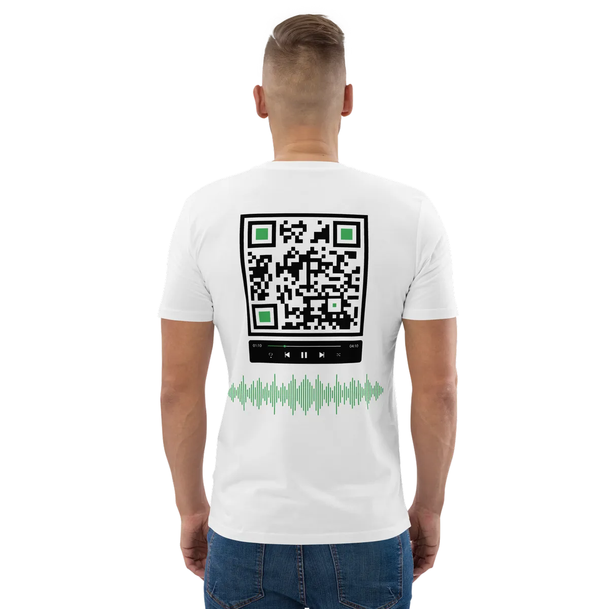 T-shirt QR Code personnalisé Le Lecteur – porté de dos avec QR code visible