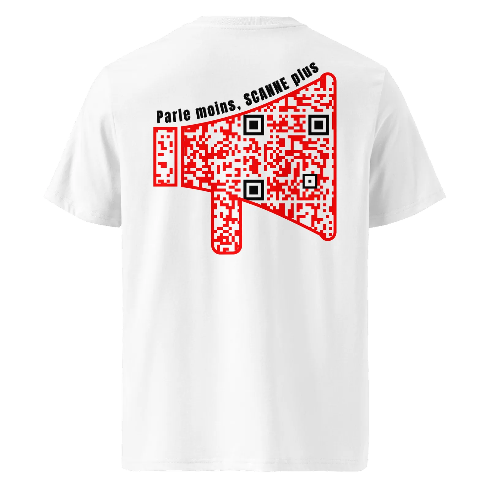 T-shirt QR Code personnalisé Le Mégaphone – dos avec texte Parle moins Scanne plus