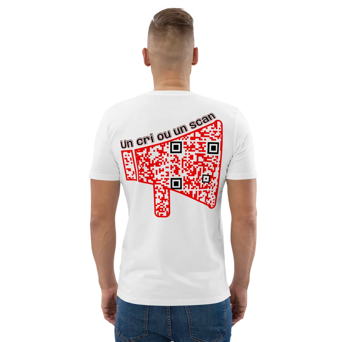 T-shirt QR Code personnalisé Le Mégaphone – porté avec texte Un cri ou un scan