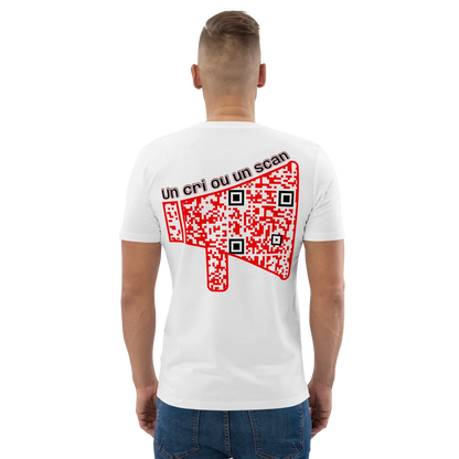T-shirt QR Code personnalisé Le Mégaphone – porté avec texte Un cri ou un scan