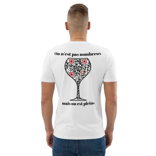 T-shirt QR Code personnalisé Le Verre – porté avec texte On n’est pas nombreux mais on est plein !