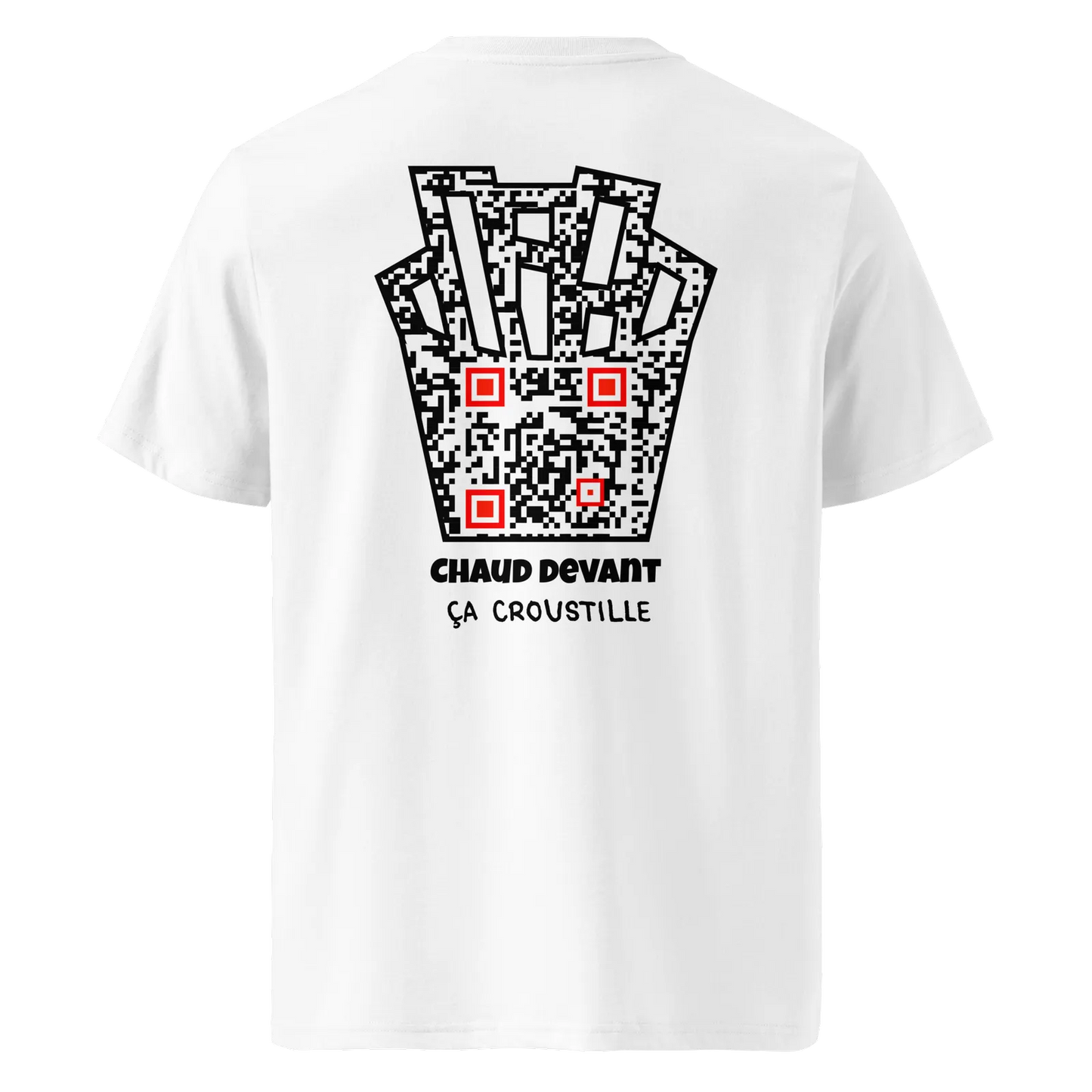 T-shirt QR Code personnalisé Les Frites – dos avec texte Chaud devant ça croustille