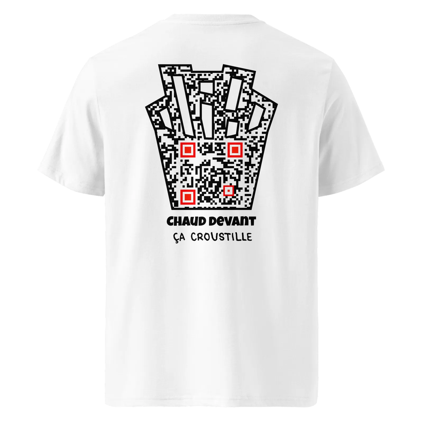 T-shirt QR Code personnalisé Les Frites – dos avec texte Chaud devant ça croustille