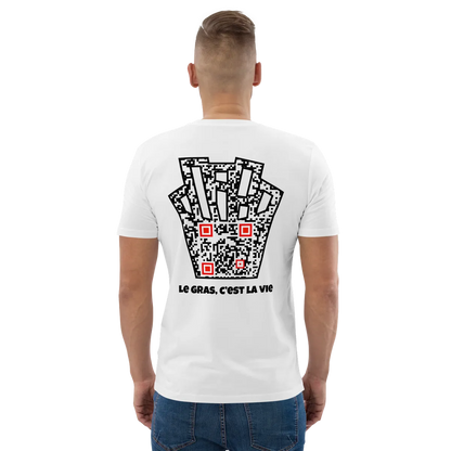 T-shirt QR Code personnalisé Les Frites – porté avec texte Le gras c’est la vie