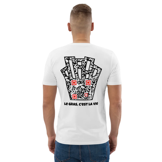 T-shirt QR Code personnalisé Les Frites – porté avec texte Le gras c’est la vie