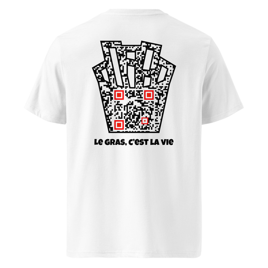 T-shirt QR Code personnalisé Les Frites – dos avec texte Le gras c’est la vie