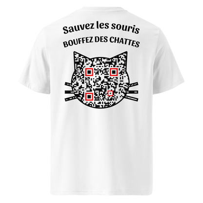 T-shirt QR Code Les Sauveurs blanc – dos avec QR code intégré et slogan provocateur