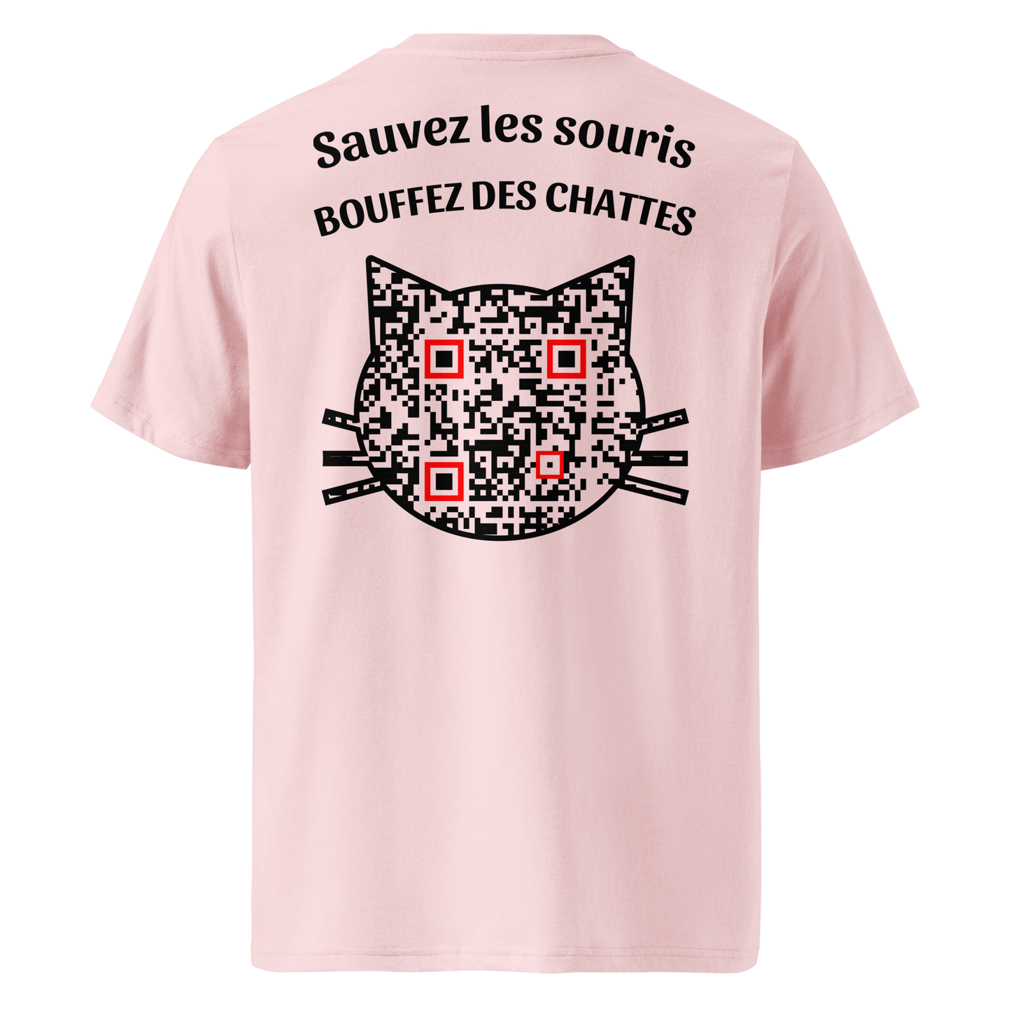 T-shirt QR Code Les Sauveurs rose – dos avec QR code et message “Sauvez les souris, bouffez des chattes”