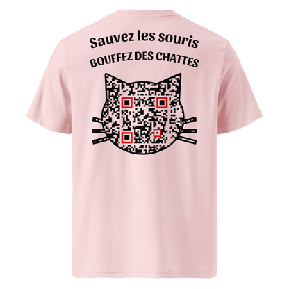 T-shirt QR Code Les Sauveurs rose – dos avec QR code et message “Sauvez les souris, bouffez des chattes”